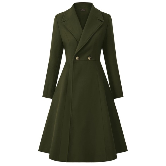 Women's Pea Coat Double Breasted A Line Long Trench Coat with Pockets - Green - Picture 1 of 7
